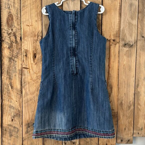PUMPKIN PATCH Pinafore Dress US Sz‎ 9 Denim Look Lined Zip Pockets Button Trim - Picture 2 of 16